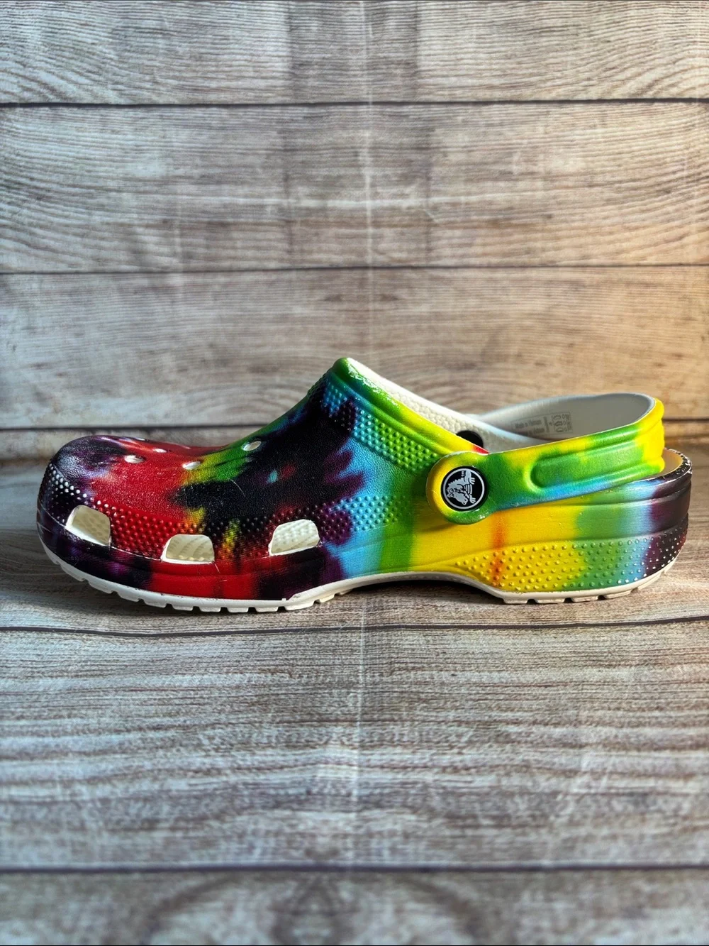 CROCS Kids Rainbow Tie-Dye Clogs with White Strap